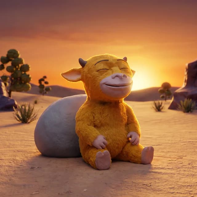 Niu Er, the calf who was born standing, sitting serenely in the desert
