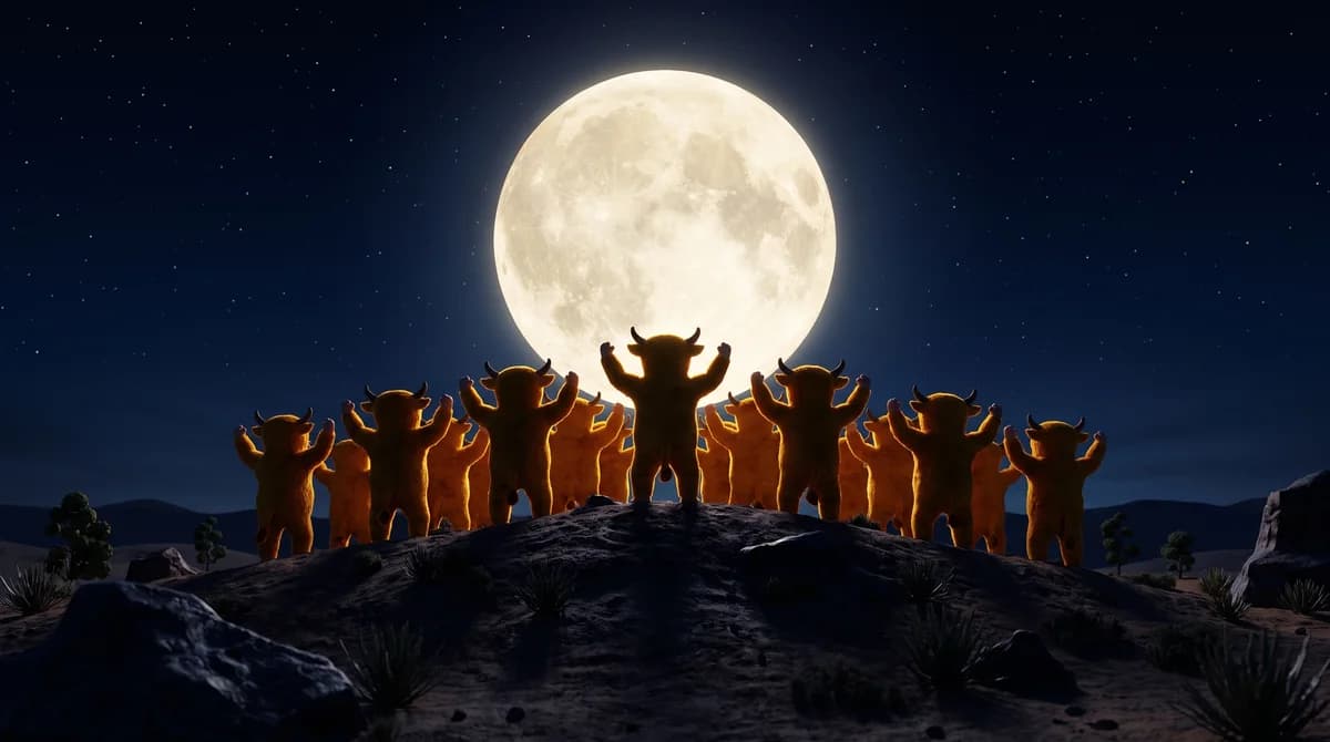 The herd on a hilltop under a giant full moon, the way we imagine what comes next