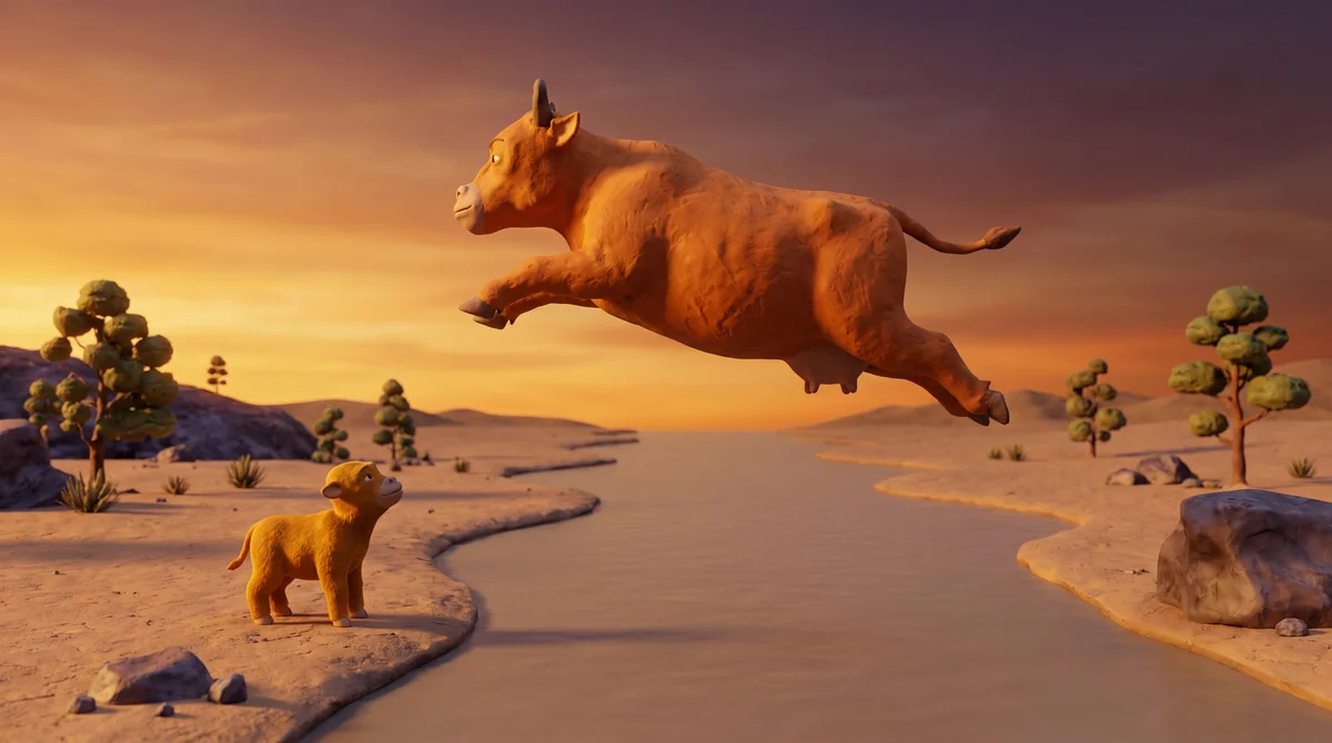 Mother Cow frozen mid-leap across the stream, defying physics