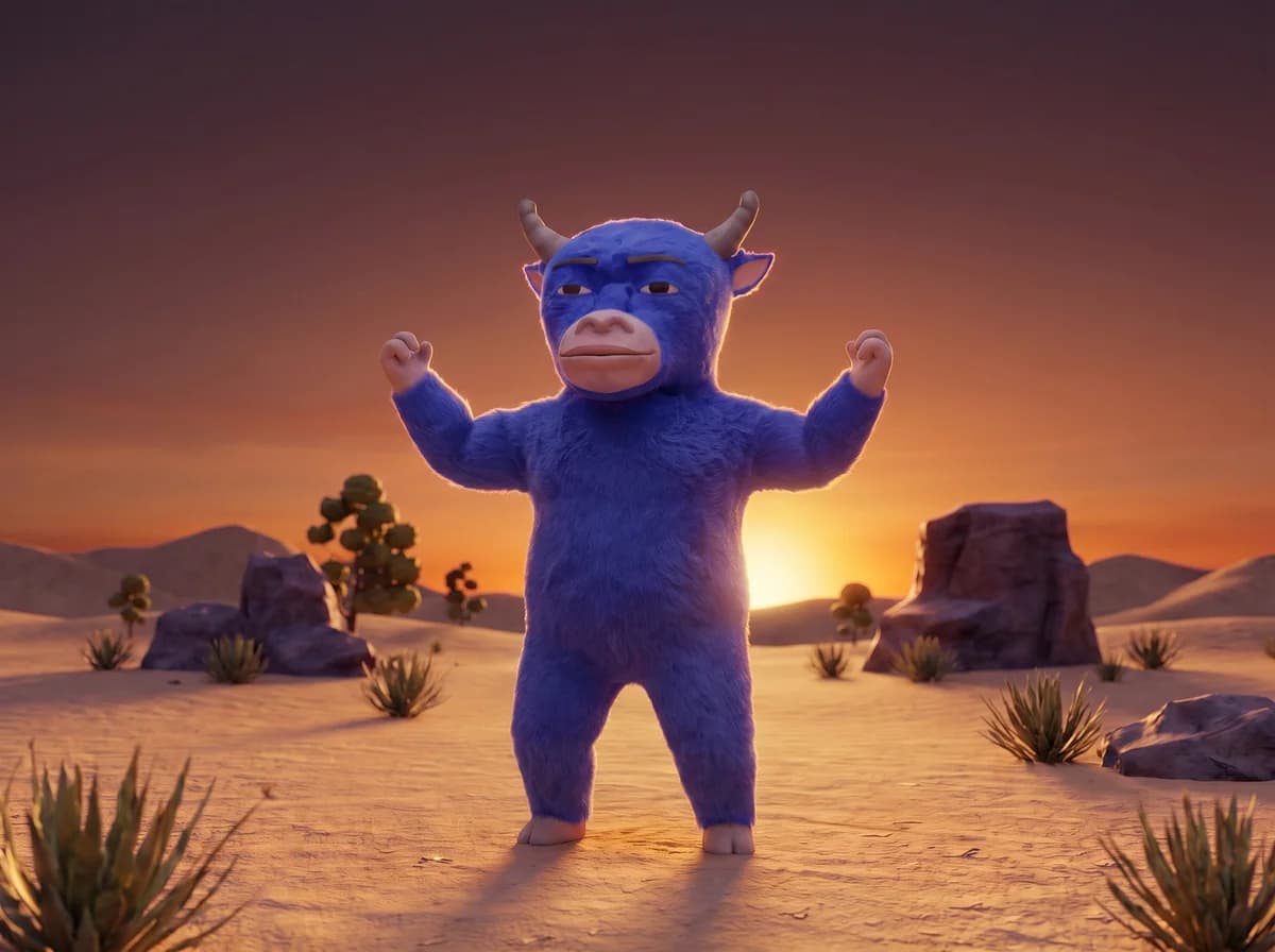 Niu Lai standing triumphant in the sunset desert